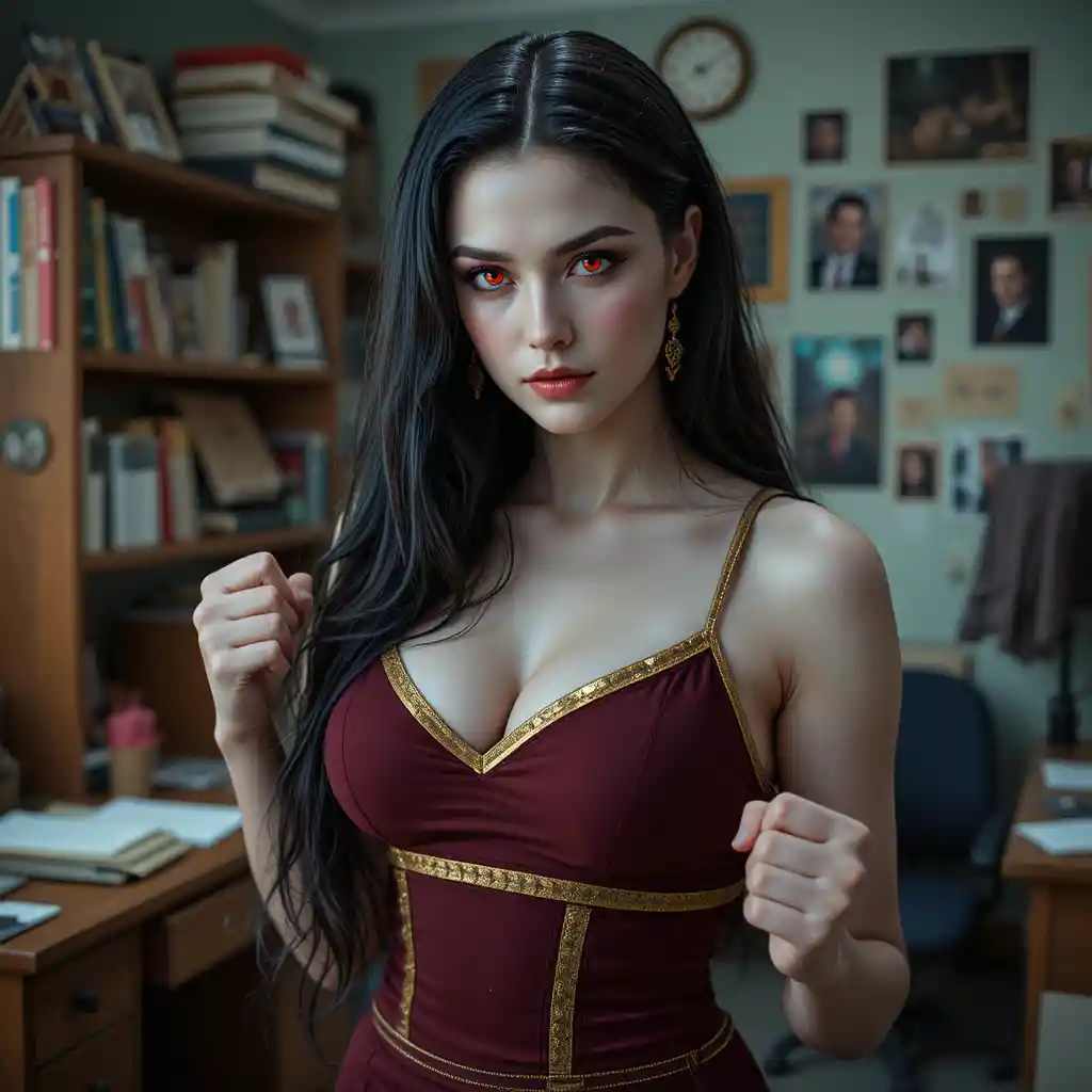 Vampire cheerleader standing in a college dorm room