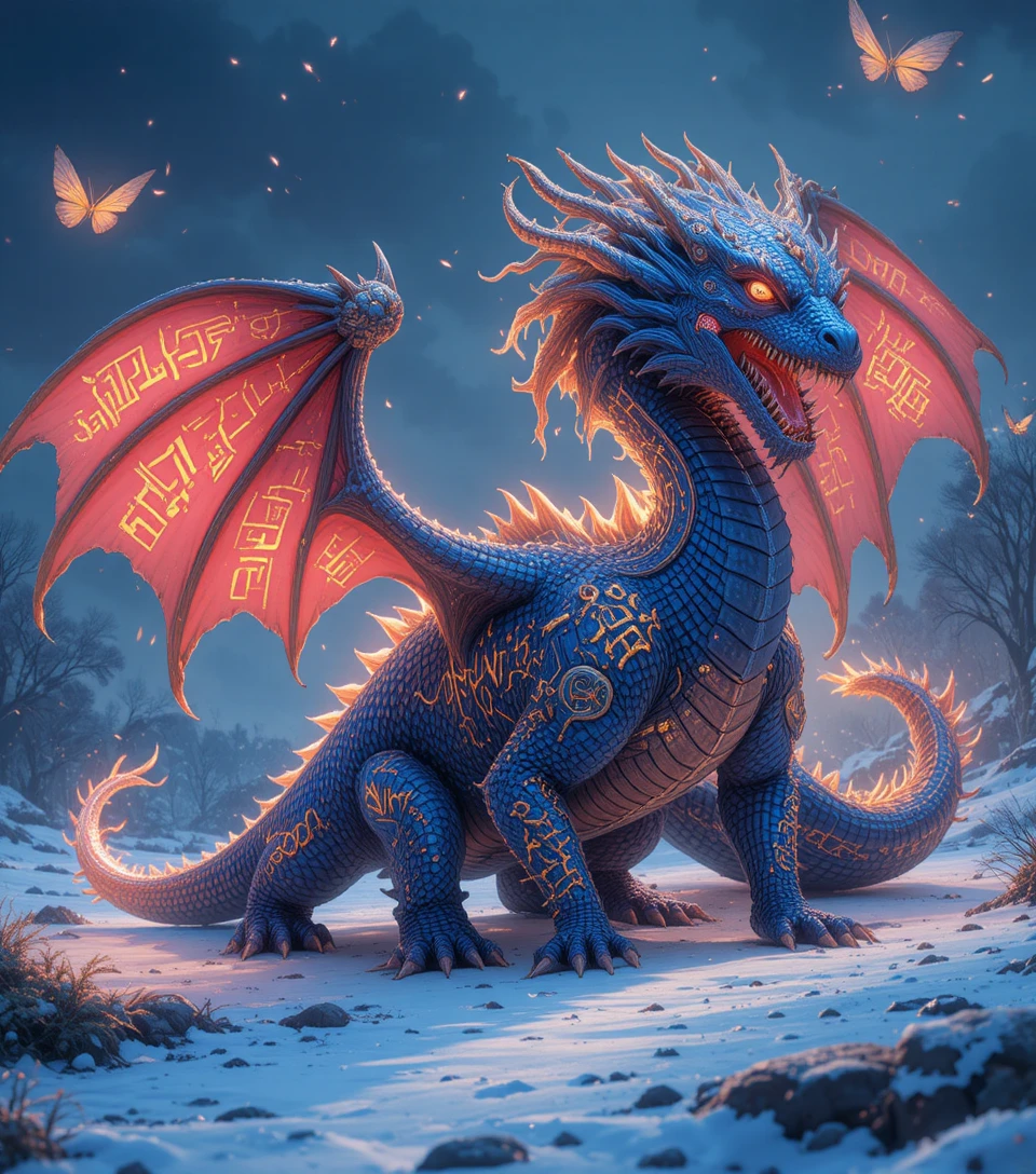Low angle view of a massive anime dragon on snow