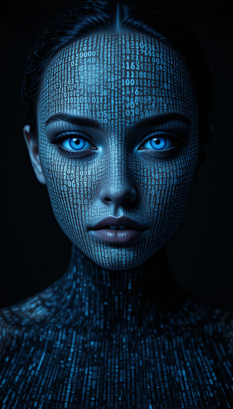 Retrato de mulher feito de código em um vazio digital escuro