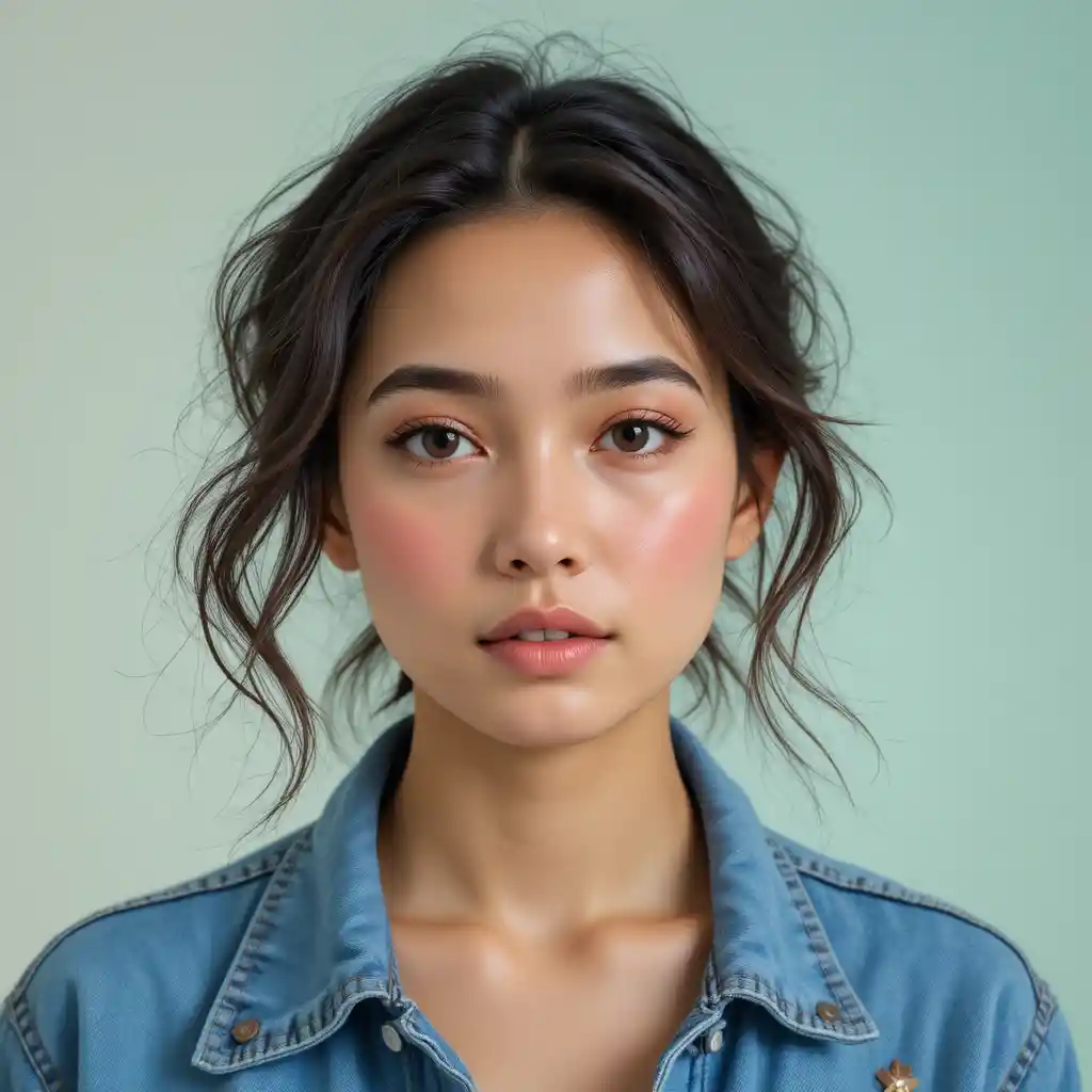 Young woman in denim jacket portrait with pastel background