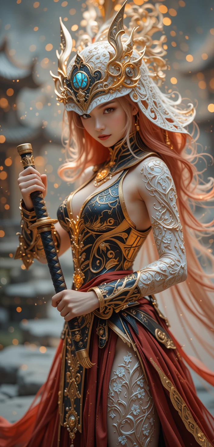 Mythical warrior woman before a white palace bridge