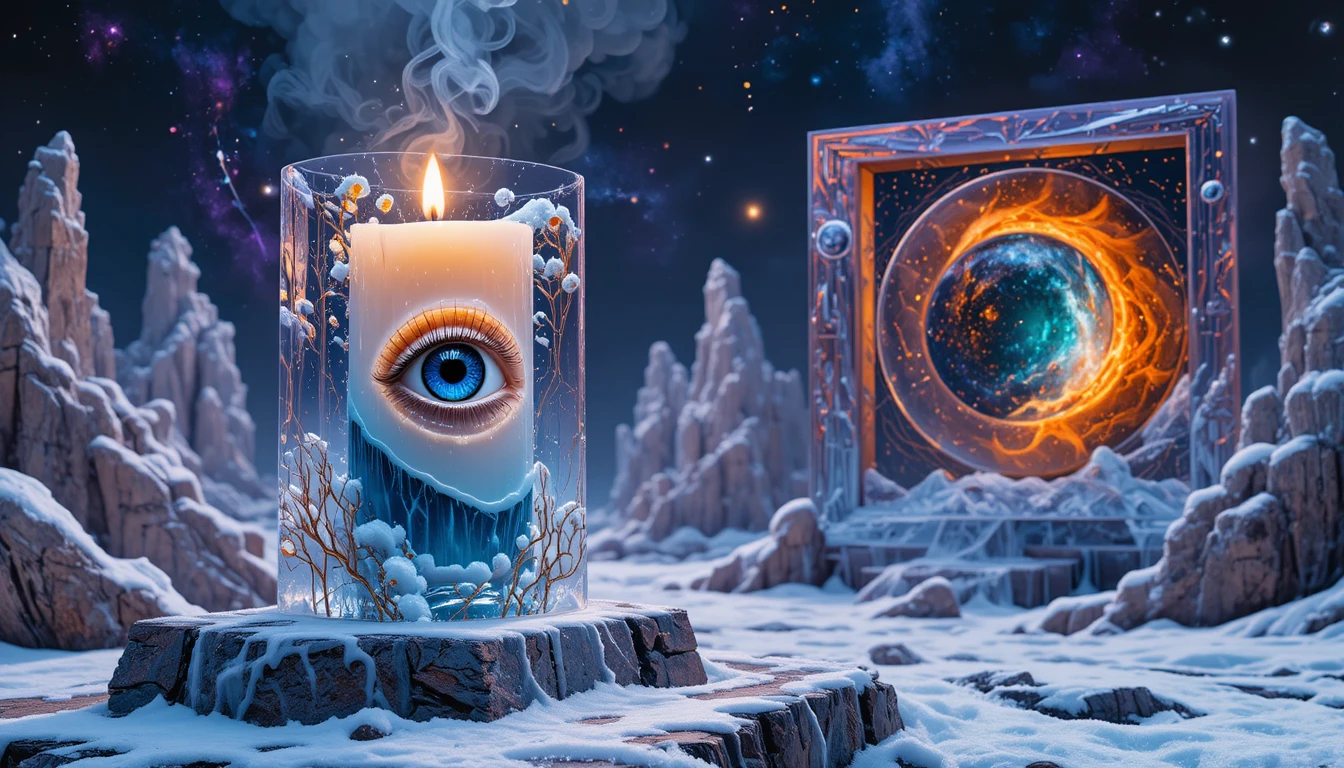 Leuchtende surreale Kerze mit einer winzigen kosmischen Winterwelt