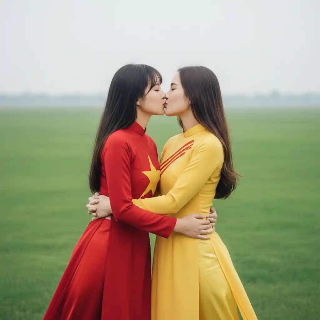 Two vietnamese girls kissing on a vast green grass field