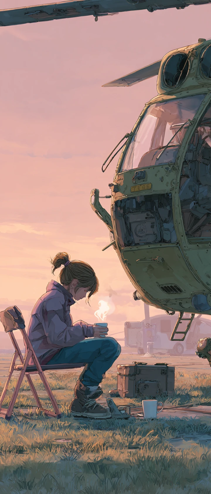 Crying girl repairing a grounded flying car at dawn