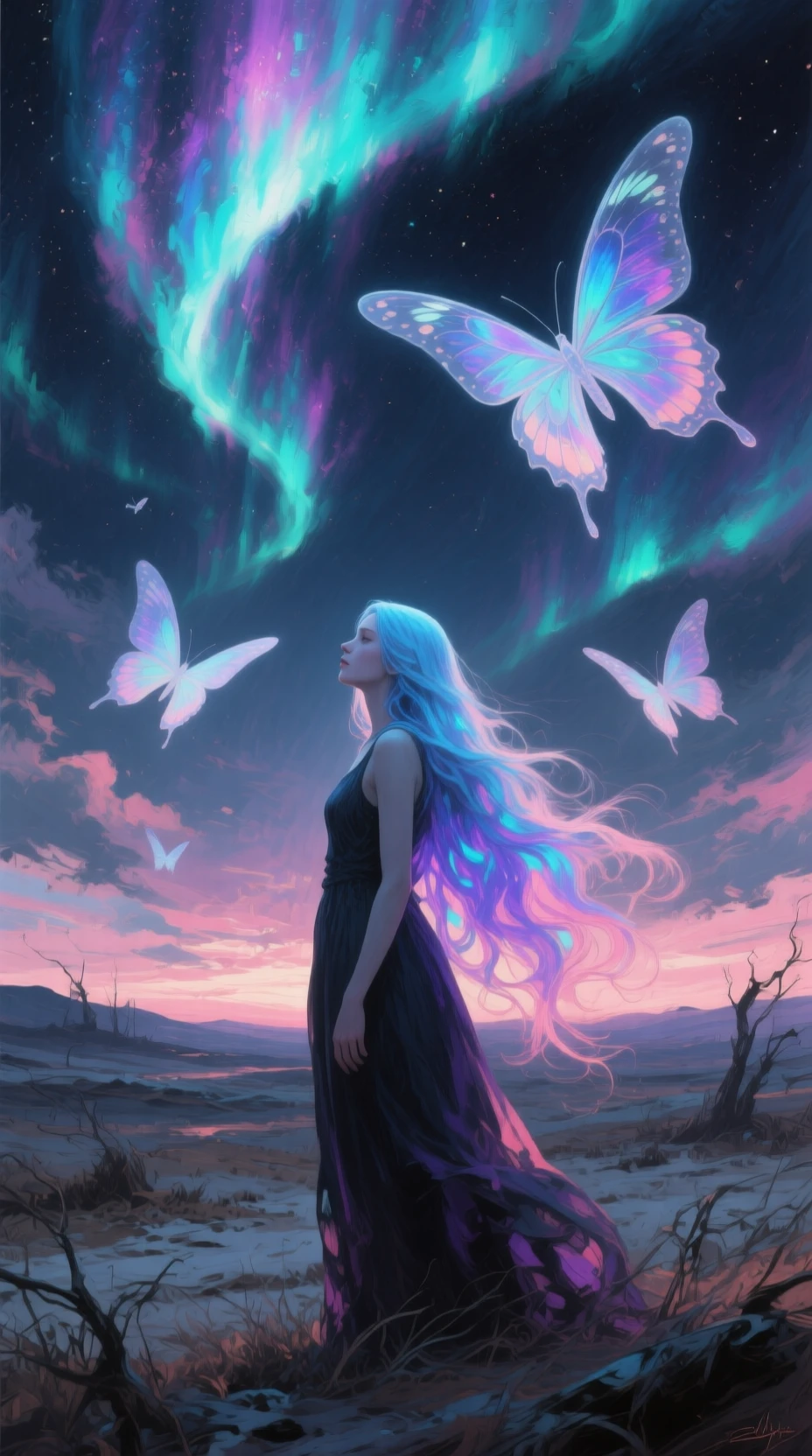 Mulher sob o céu de aurora com borboletas fantasmagóricas