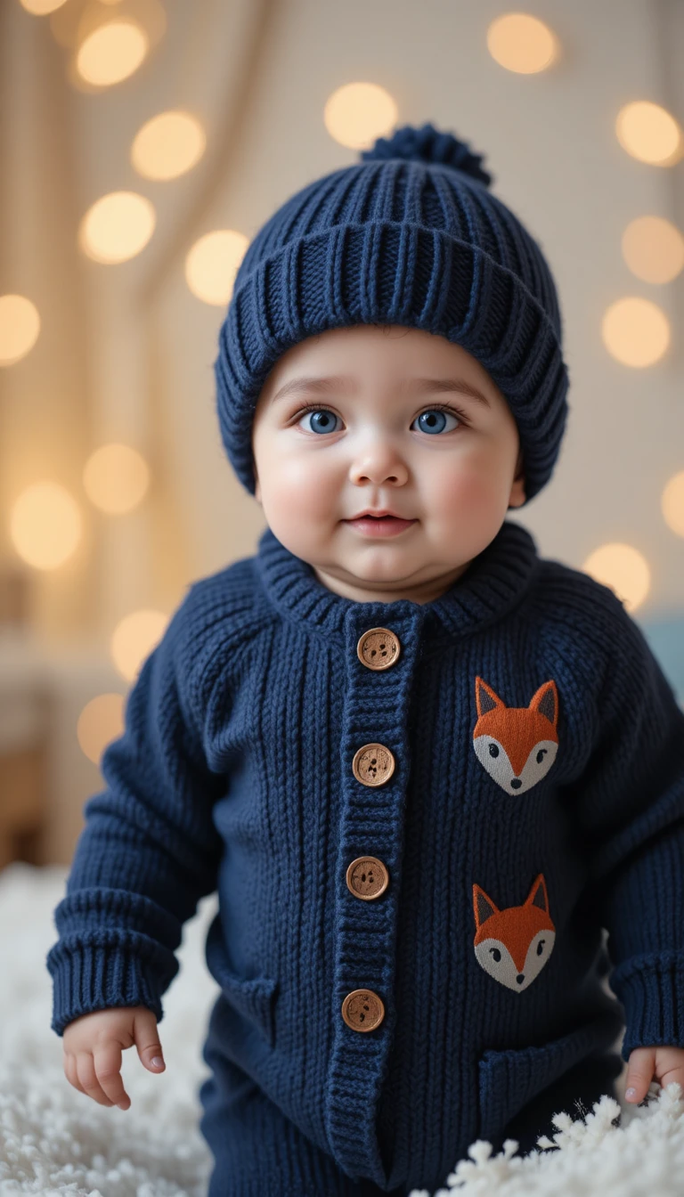 Bebê fofo em pé em uma cama branca macia com roupa de inverno