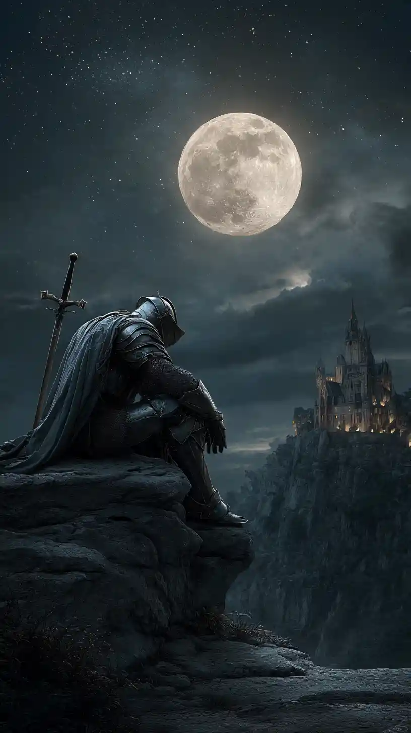 Caballero medieval solitario en un acantilado bajo la luna llena