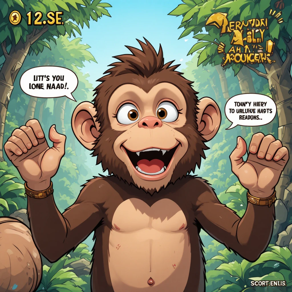 ジャングルでカメラに話しかけるインフルエンサー風の漫画サル