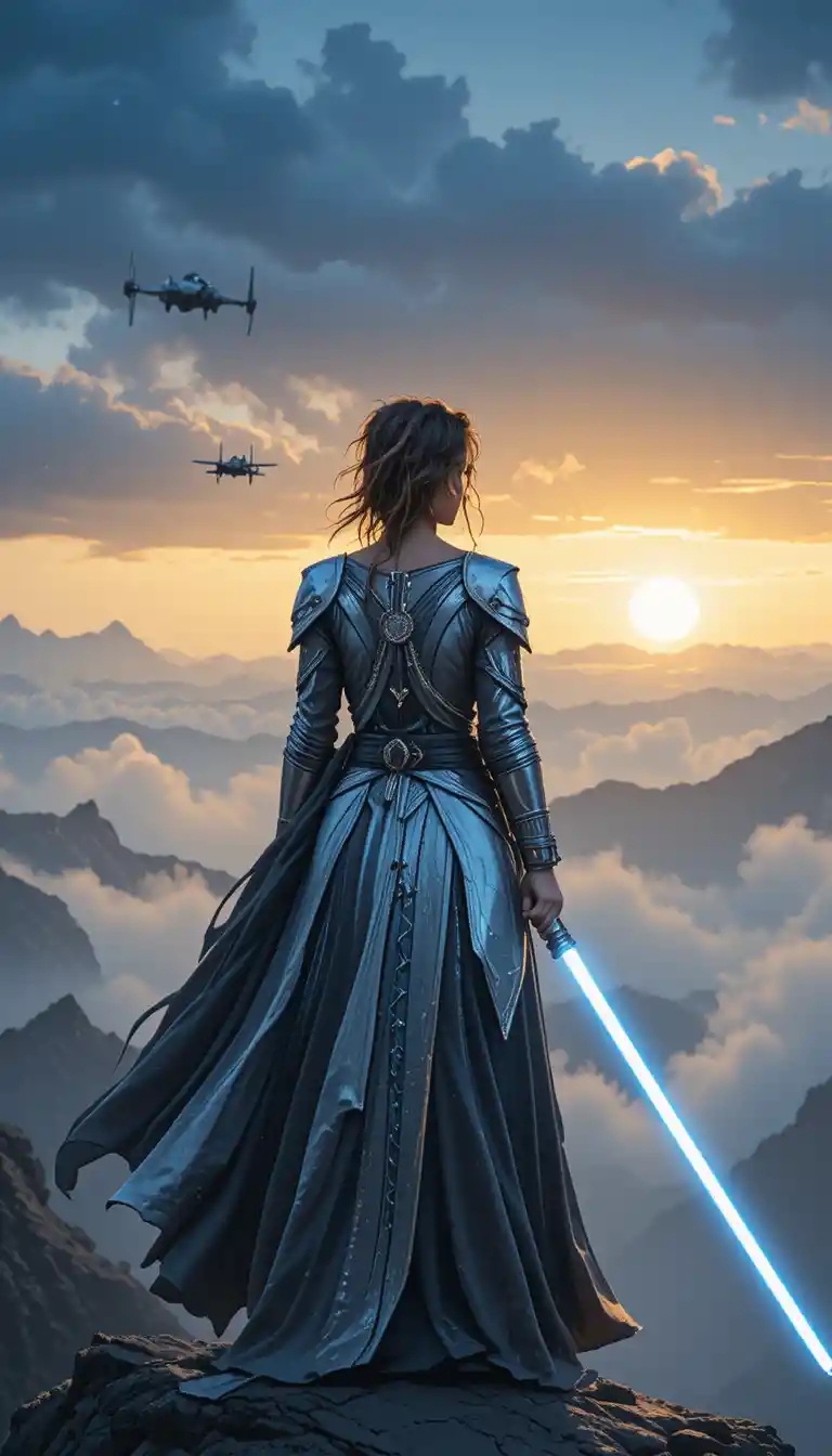Guerriera Jedi su una scogliera nebbiosa al tramonto