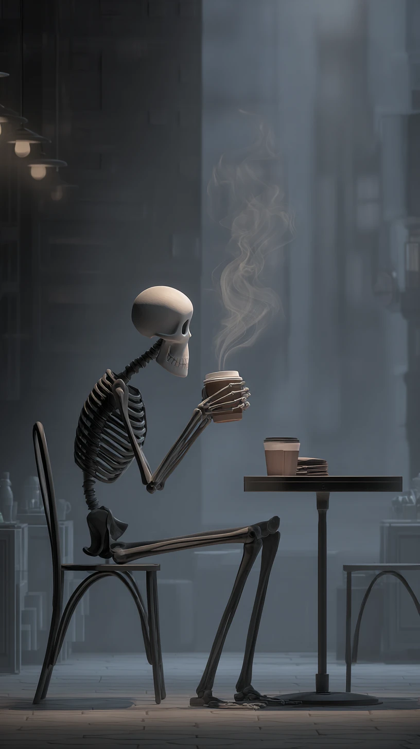 Esqueleto bebendo café sozinho em uma mesa de café minimalista