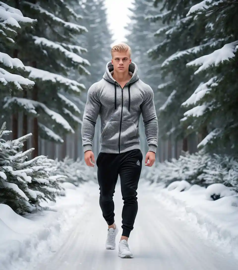 Young man walking along a snowy forest road