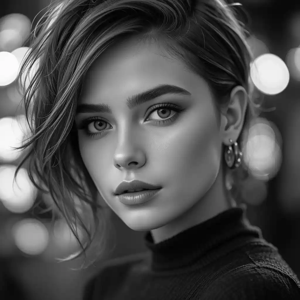 Elegant black and white close up portrait of young woman