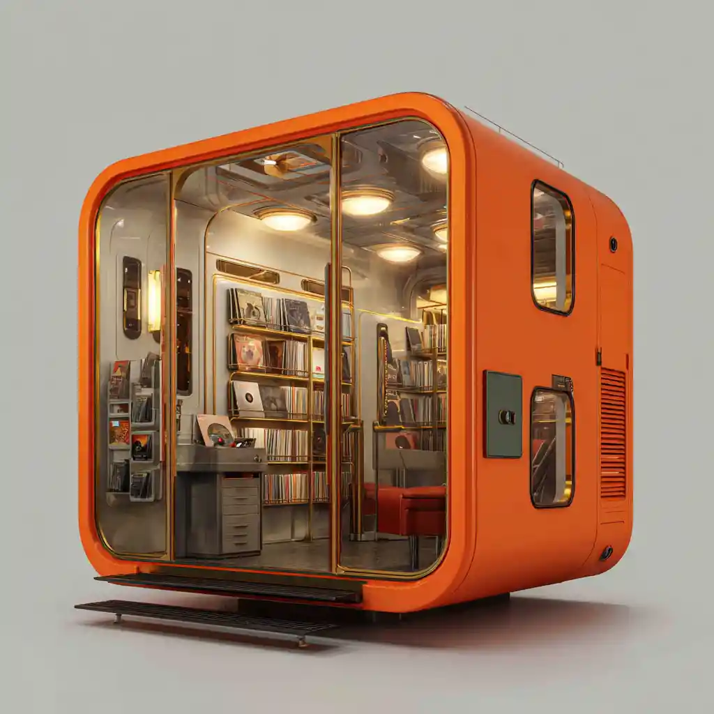 Futuristic elevator cabin with a small record shop inside