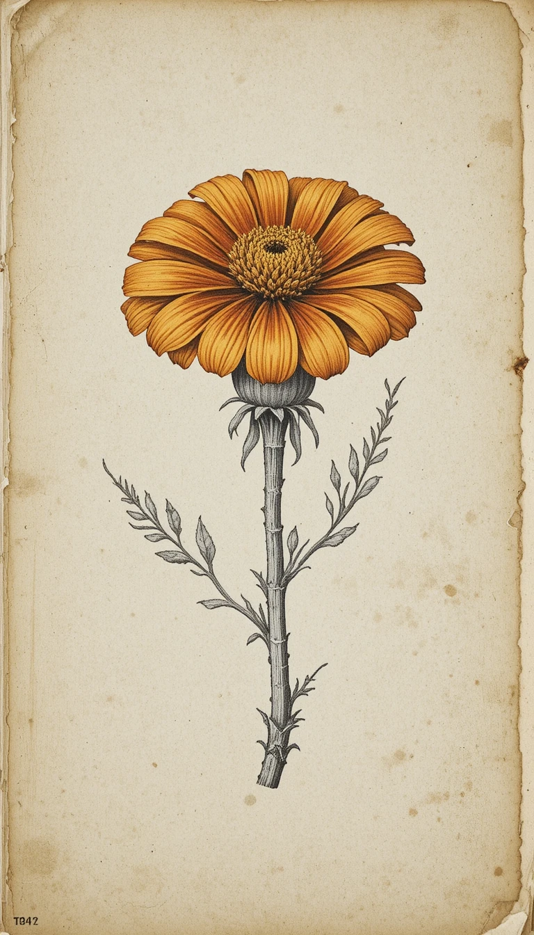 Single marigold botanical engraving on aged parchment paper