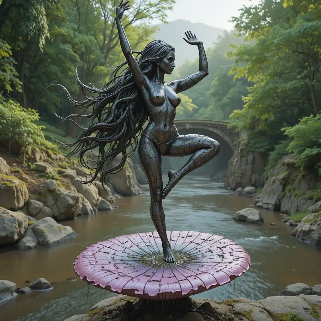 Statua di ferro di ragazza in posa yoga su fungo psichedelico