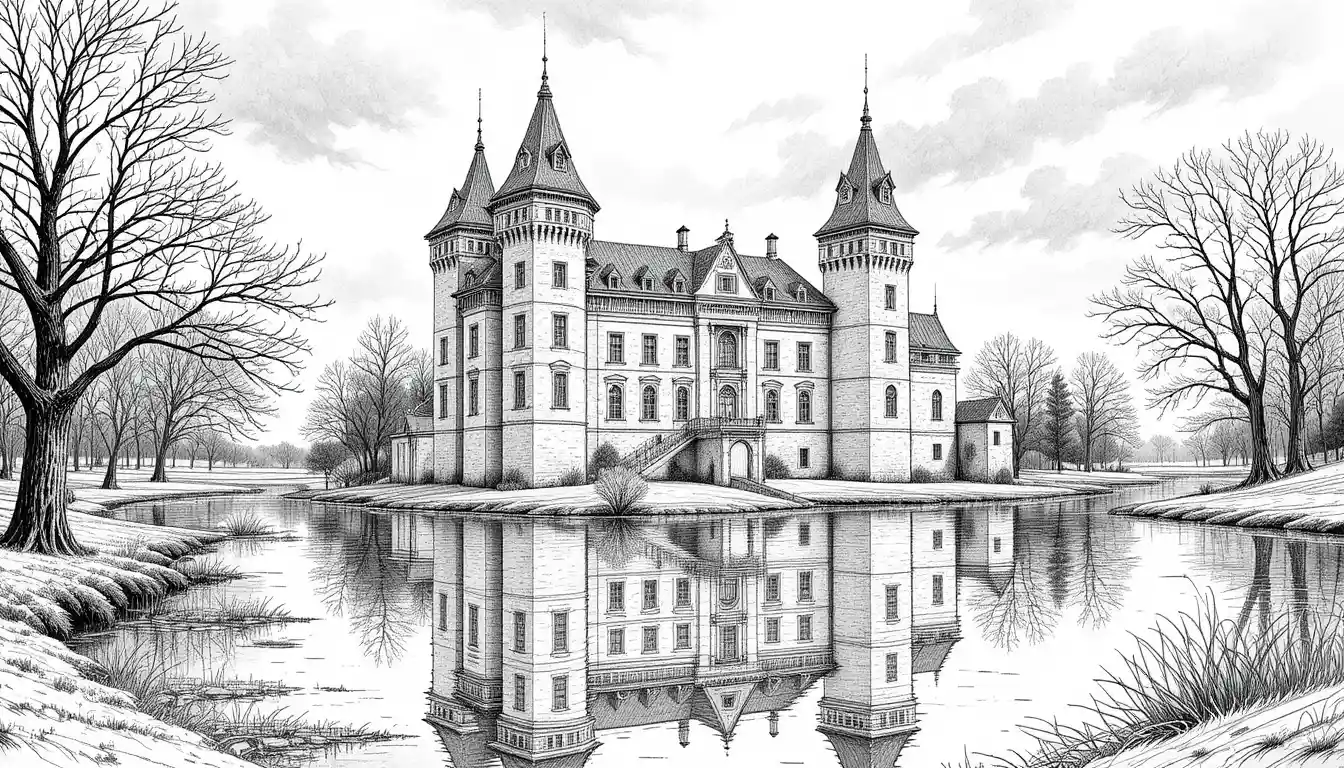 Castello medievale in mattoni riflesso in una tranquilla scena sul lago