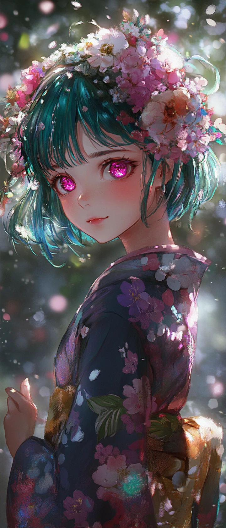 花紋和服動漫少女與發光花海背景