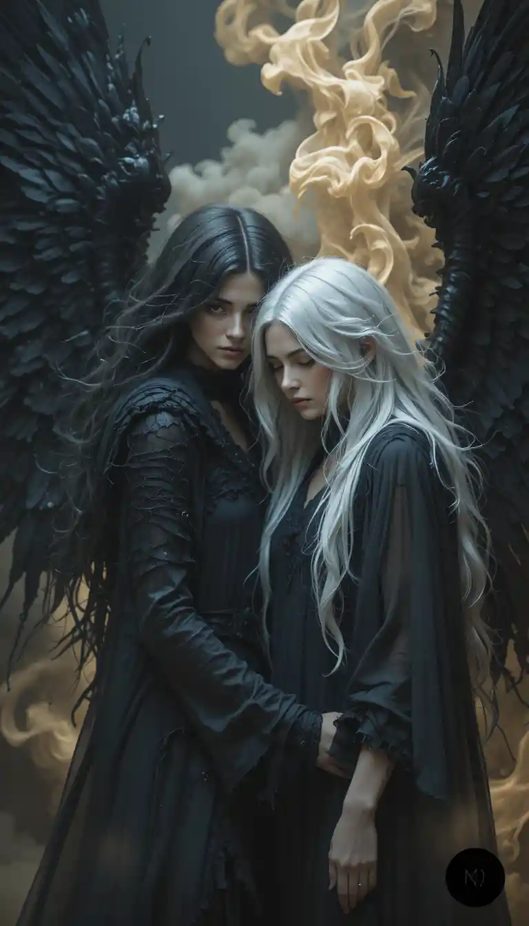 Two sorrowful angels with black wings in swirling gold smoke