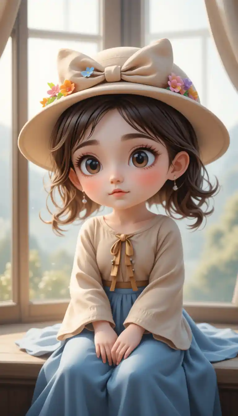 Cartoon girl sitting on a windowsill in soft pastel light