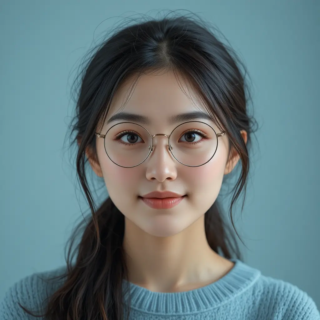 Retrato de jovem mulher de óculos com sorriso suave