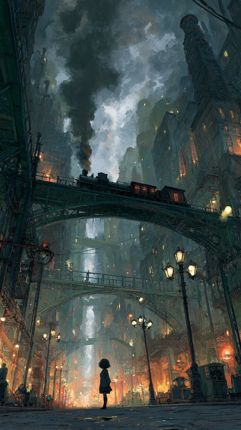 Jeune fille solitaire dans une rue de ville steampunk la nuit