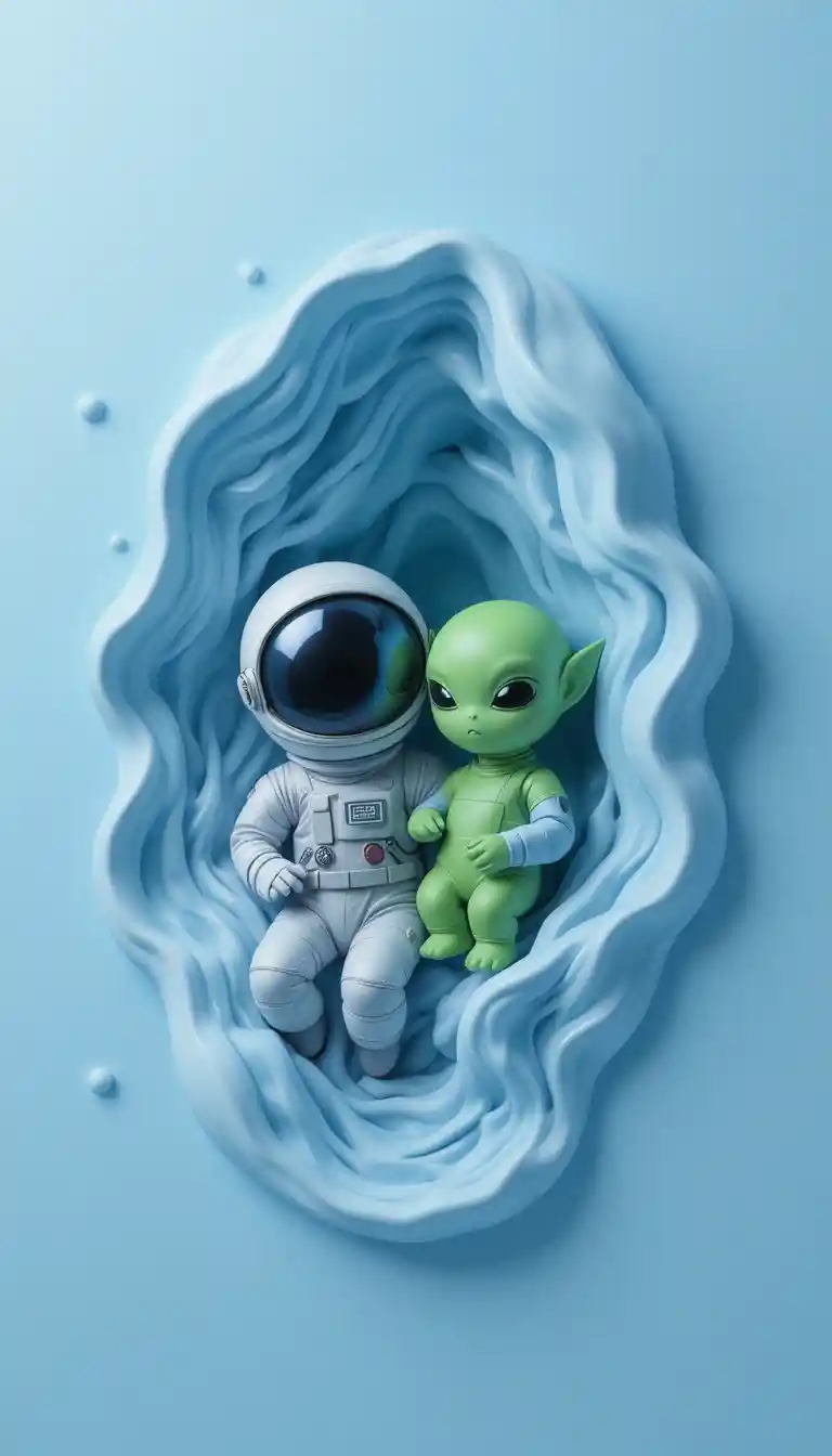 卡通太空人與外星人壓進柔軟的藍色矽膠中
