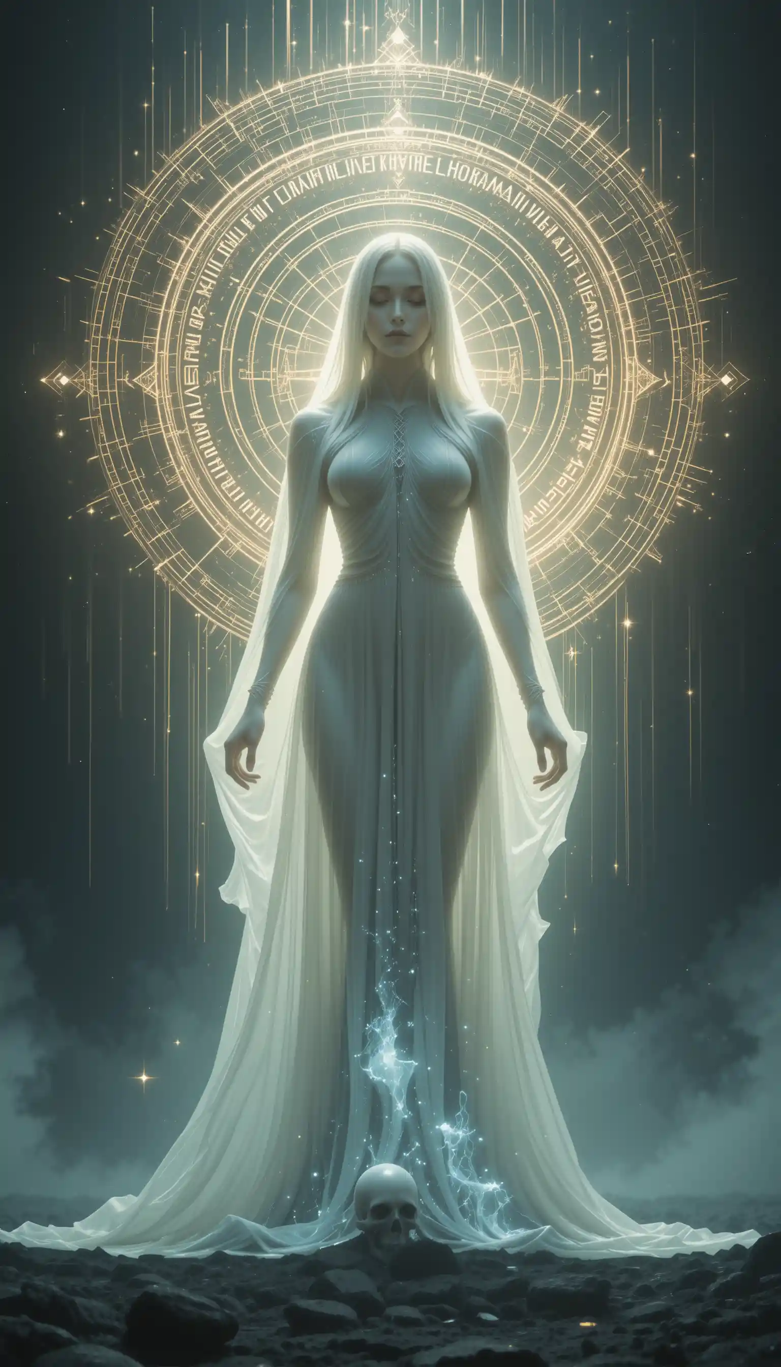 Ethereal veiled woman before glowing sacred sigil