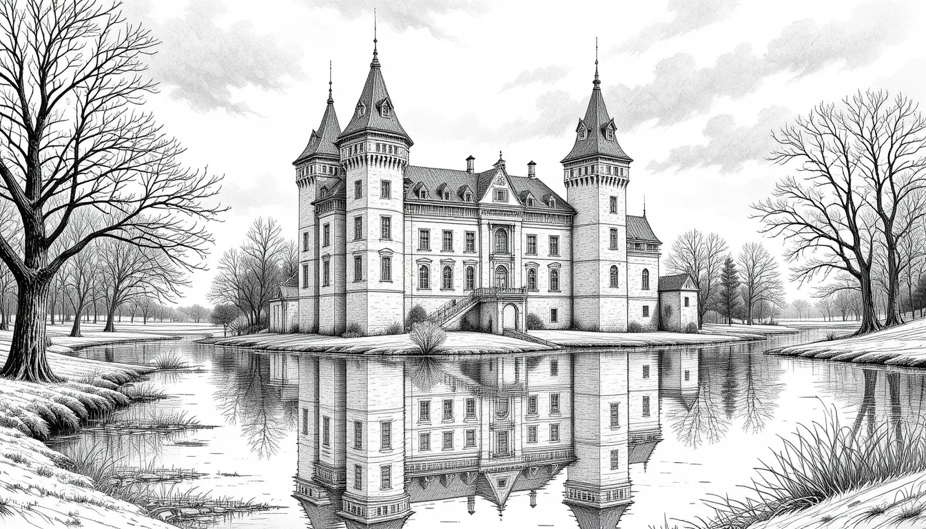 Castelo medieval de tijolos refletido em uma tranquila paisagem à beira‑lago