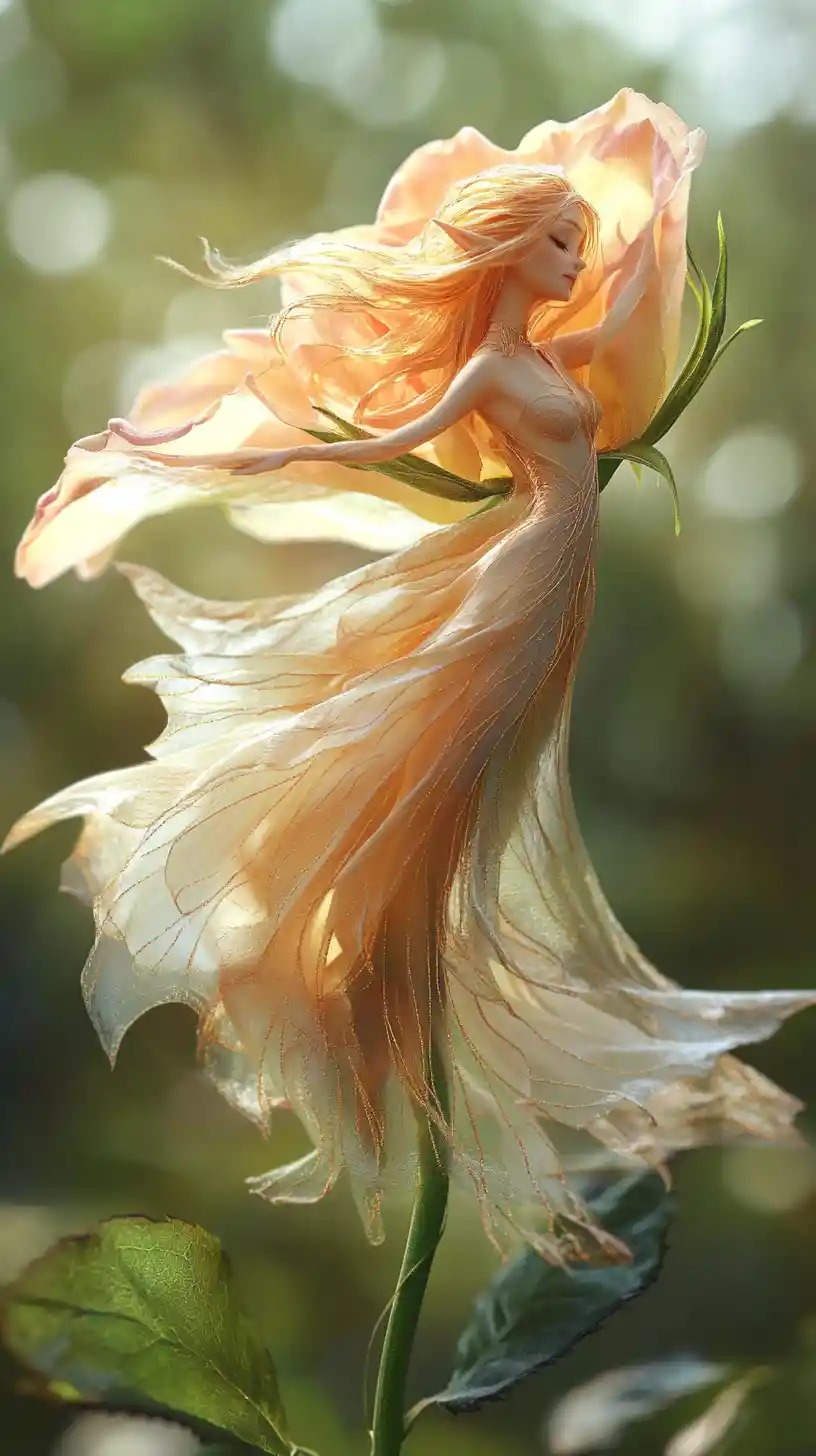 Close up of a giant rose with an elf maiden painting
