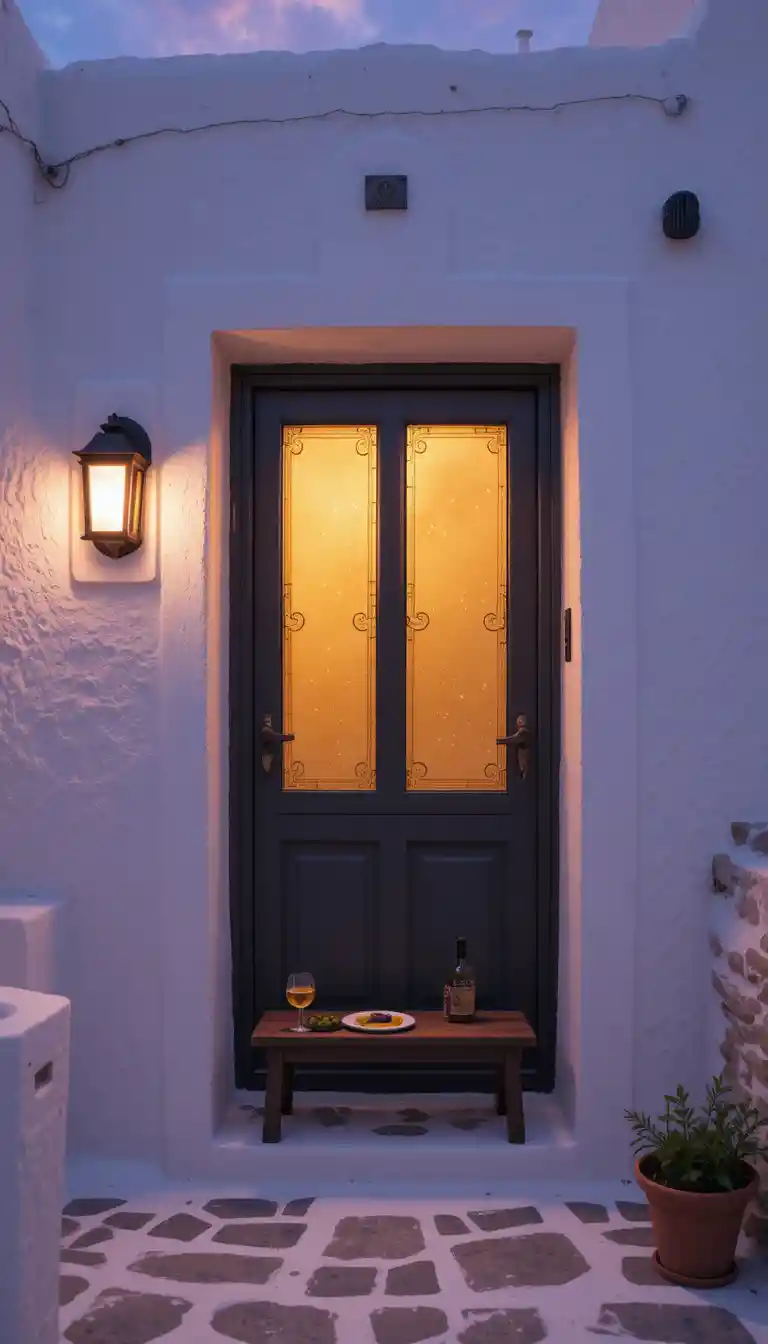 Cozy Greek doorway glowing warmly in the evening light