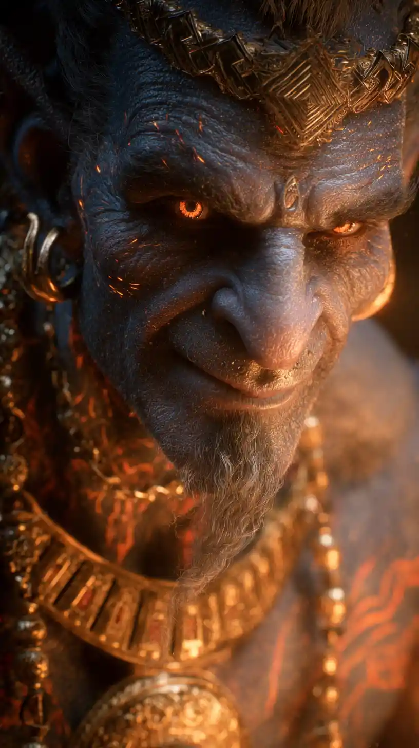 Fiery genie emerging from ornate golden lamp in treasure chamber