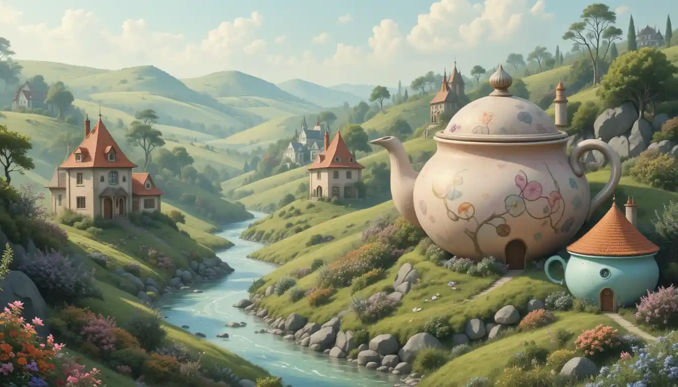 Ciudad Fantasiosa de Teteras en un Valle Pastel de Ensueño