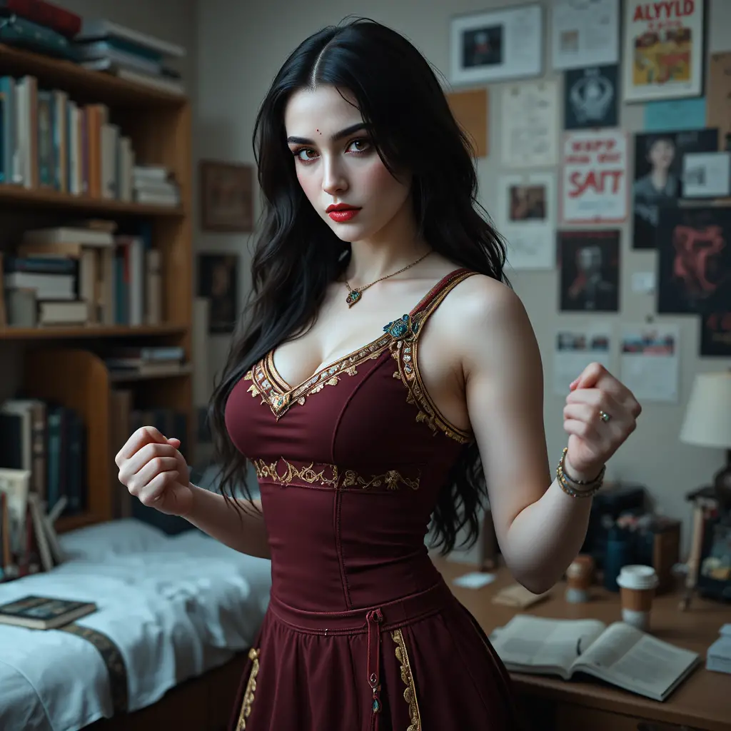 えんじ色のチアユニフォームを着たヴァンパイア女性の寮部屋シーン