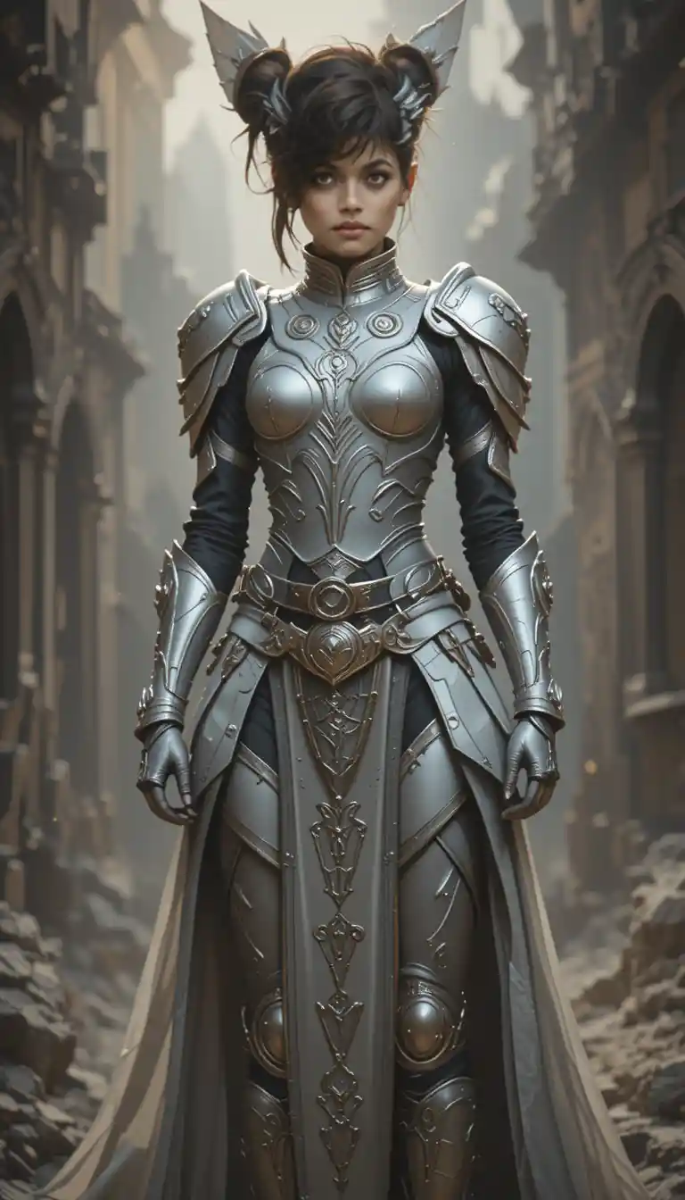 Maestosa guerriera Jedi in elaborata armatura bianco argento