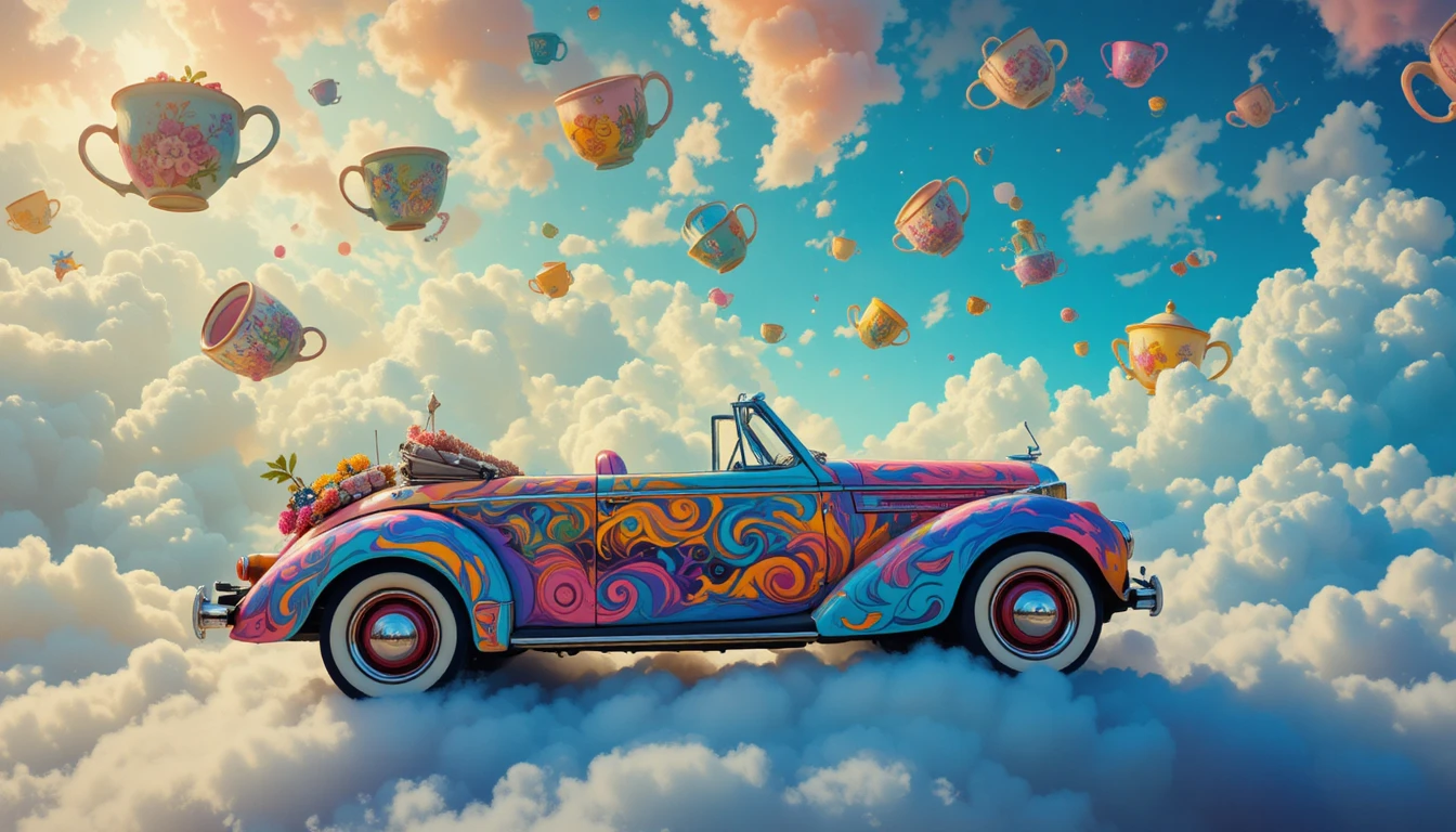Surreal convertible car resting on colorful clouds with teacup sky