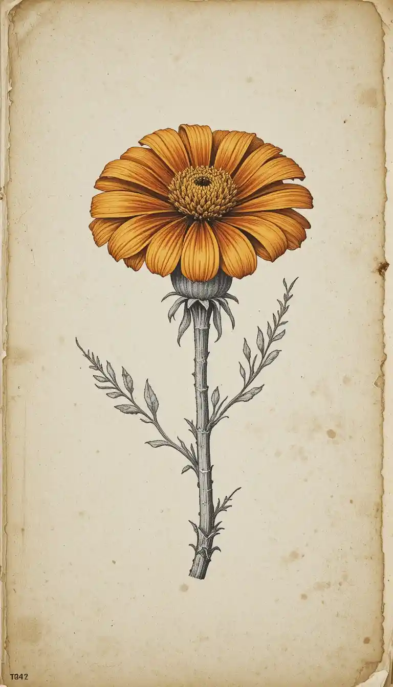 Single marigold botanical engraving on aged parchment paper