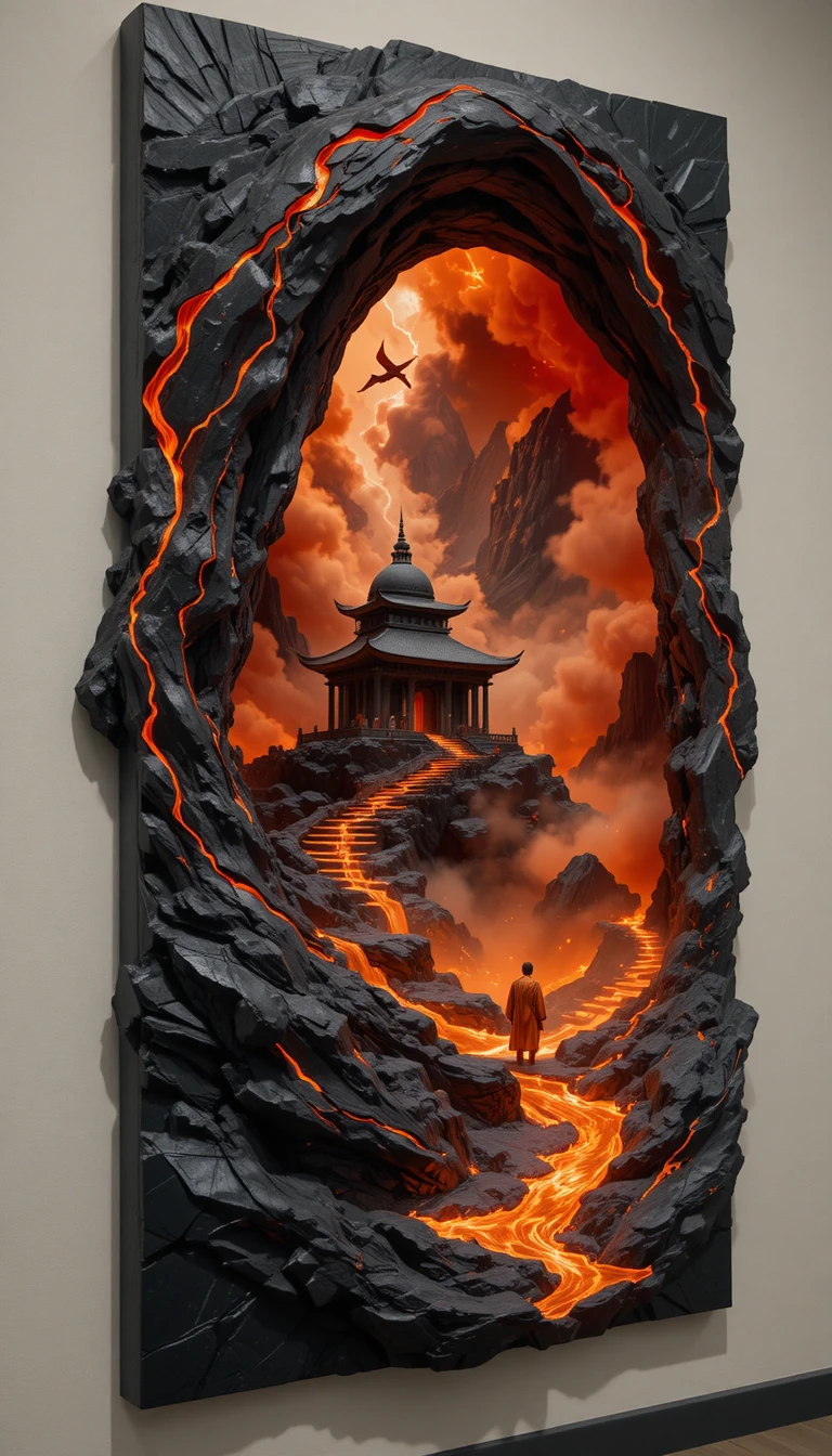 Escultura em relevo 3D de templo de lava derretida na parede da galeria