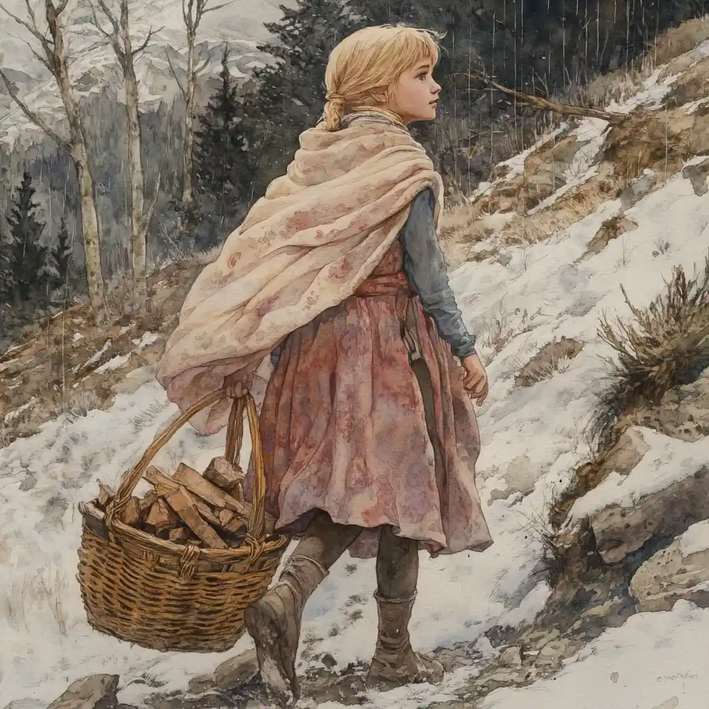 Young girl in shawl walking through stormy mountain forest