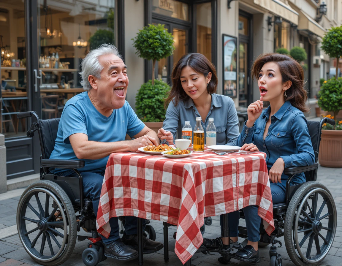 Friends at an urban picnic table outside a street restaurant
