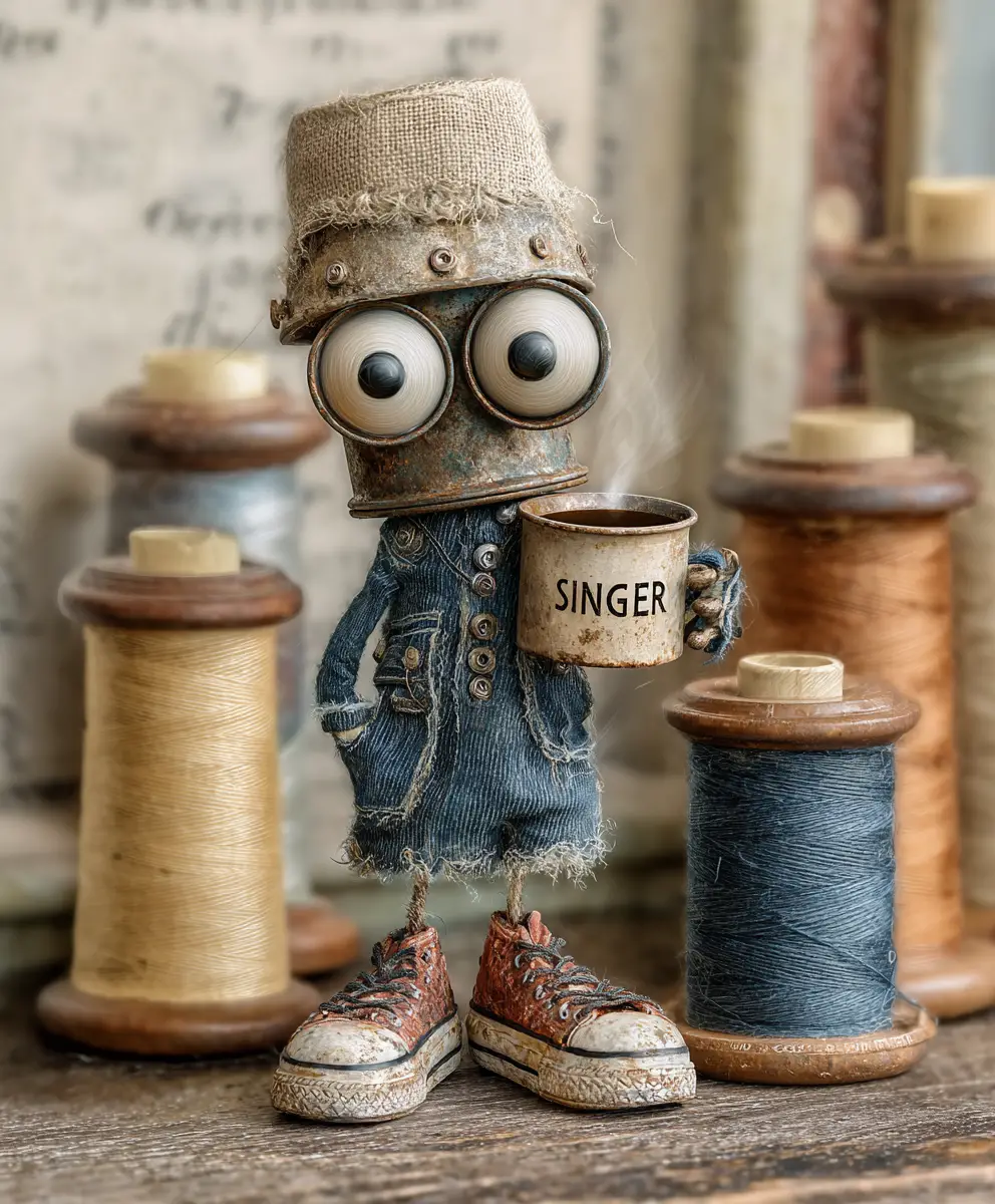 Verspielter Fingerhut-Charakter auf Vintage-Nähmaschinenschrank