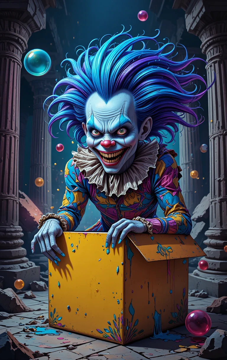 Clown inquietante che esplode da una scatola luminosa tra antiche rovine