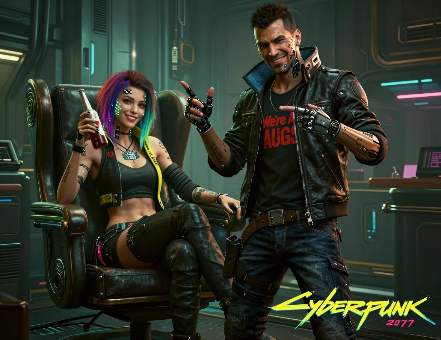 Donna cyberpunk che si rilassa in una lounge futuristica al neon