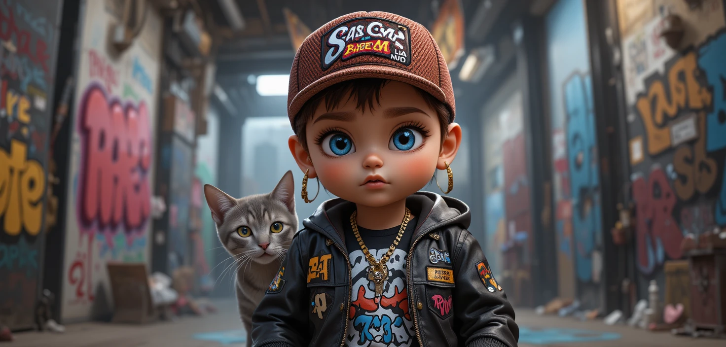 Red haired baby girl rapper with cat in urban studio scene