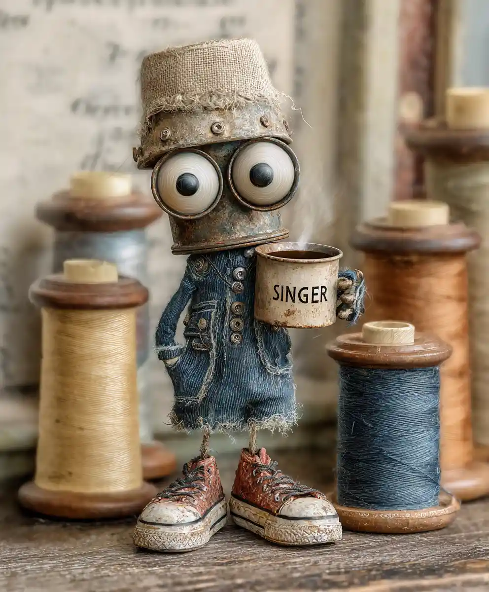 Verspielter Fingerhut-Charakter auf Vintage-Nähmaschinenschrank