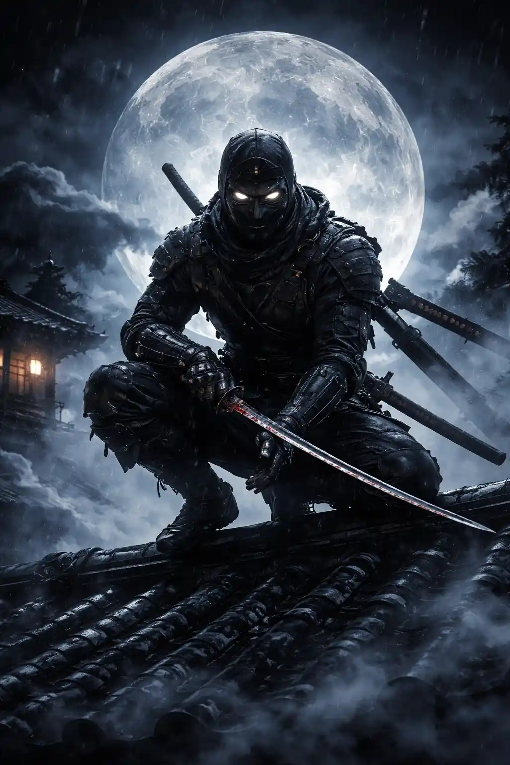 Ninja agachado em um telhado japonês sob a lua