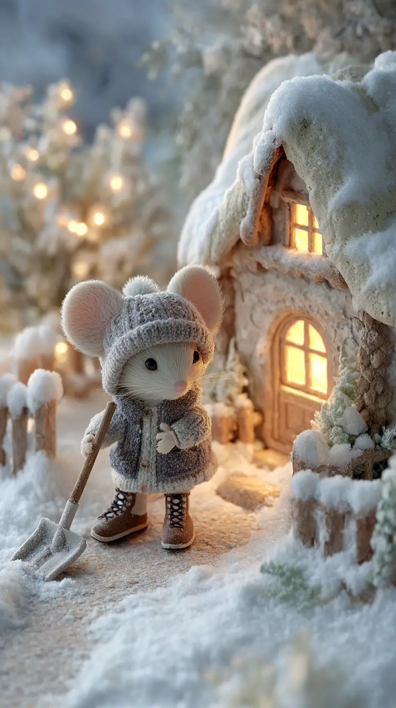 Adorable petite souris pelletant la neige devant une maison de souris douillette