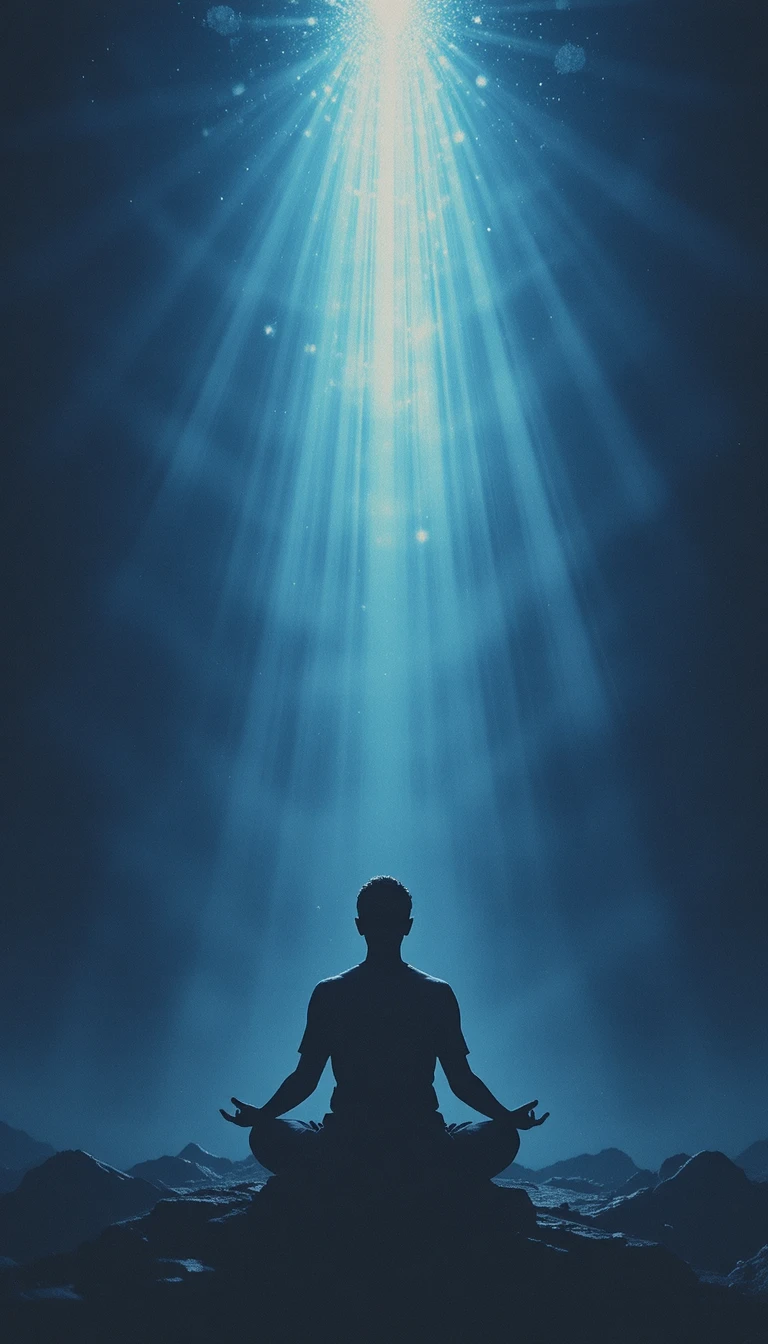 Silueta de una figura meditando bajo una suave luz espiritual