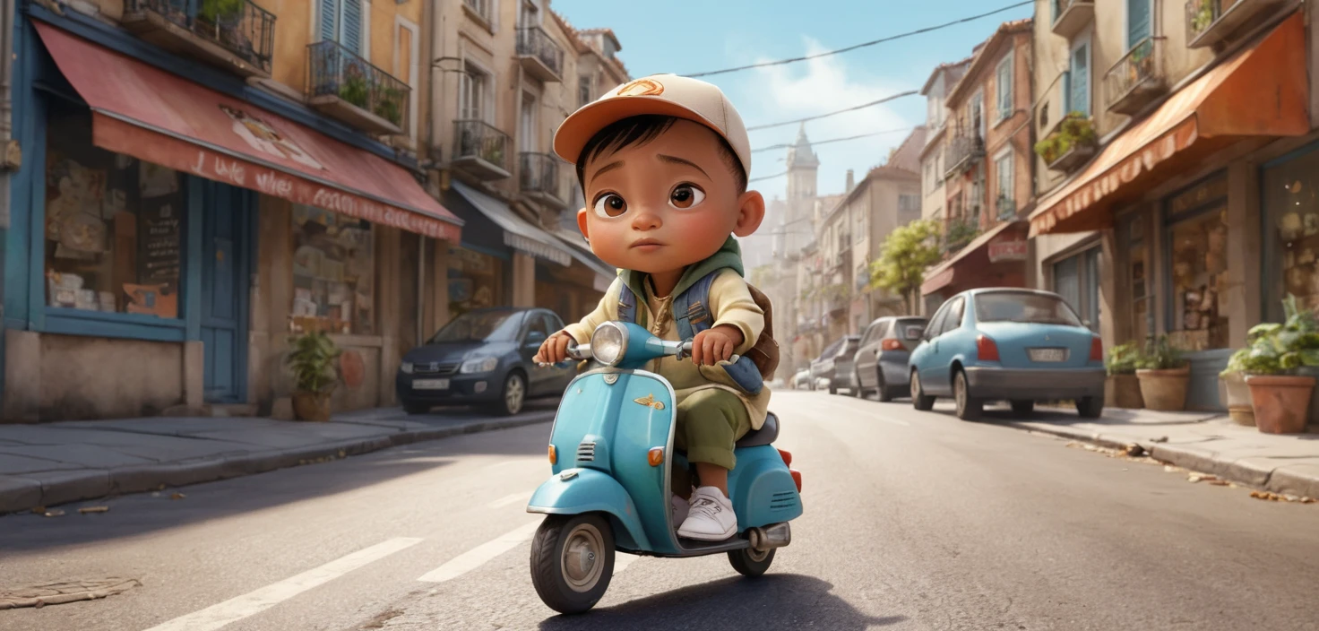 Mulher alegre andando de scooter em uma rua de cidade em tons pastéis