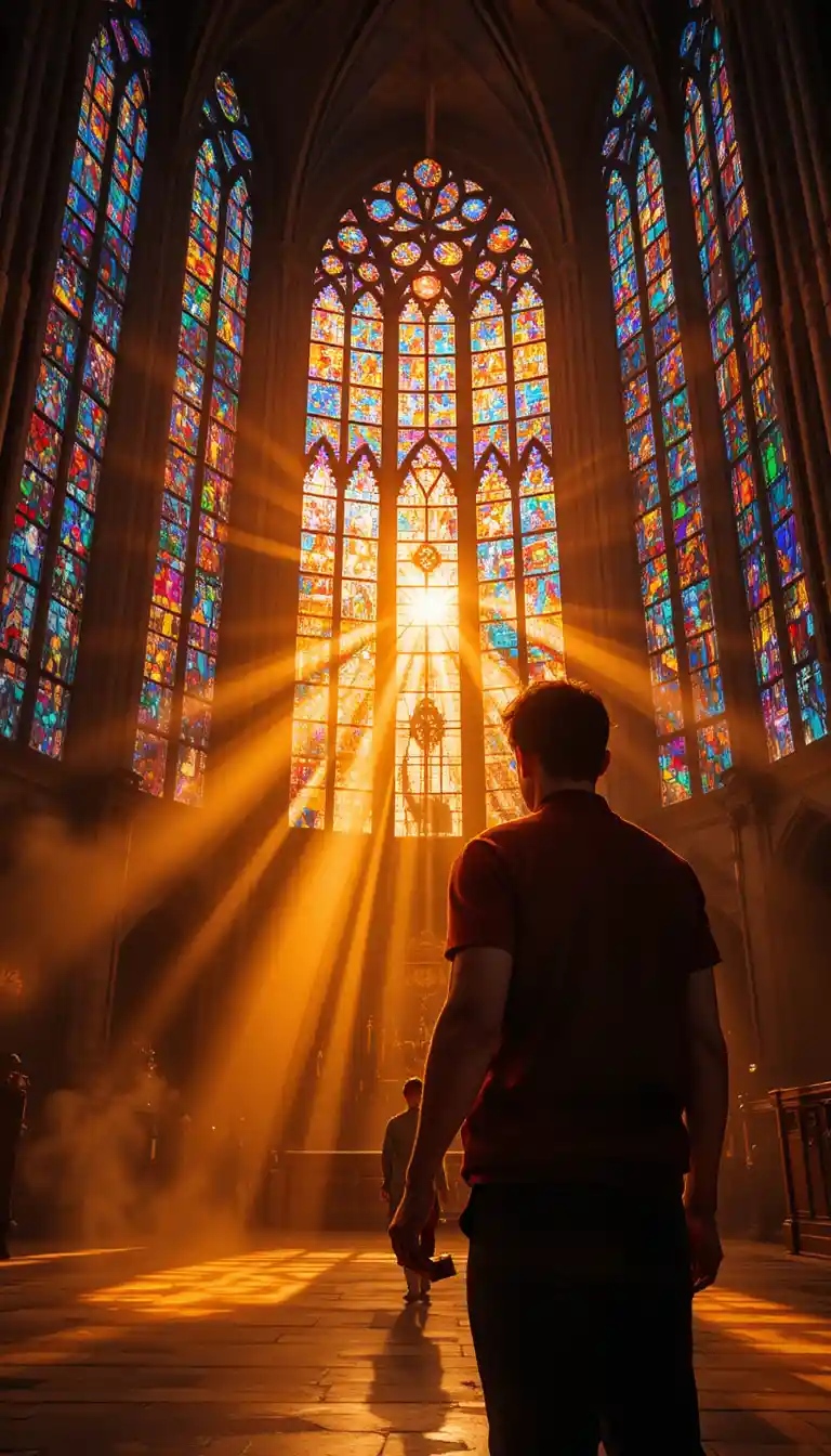 Photographer Silhouette Facing Glowing Stained Glass Windows
