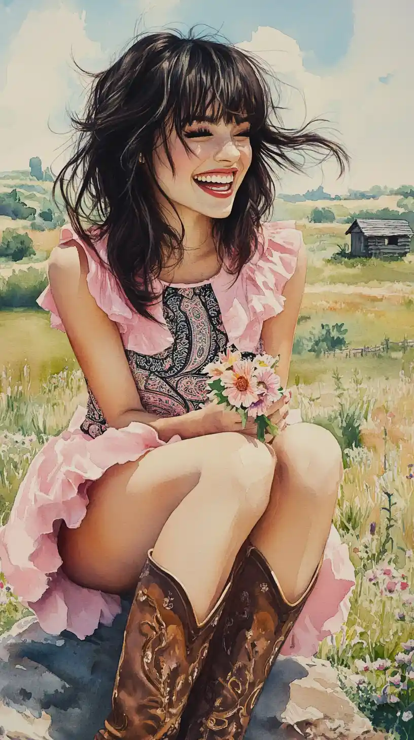 Lachendes Mädchen im rosa Kleid auf einem sonnigen Wiesenfelsen